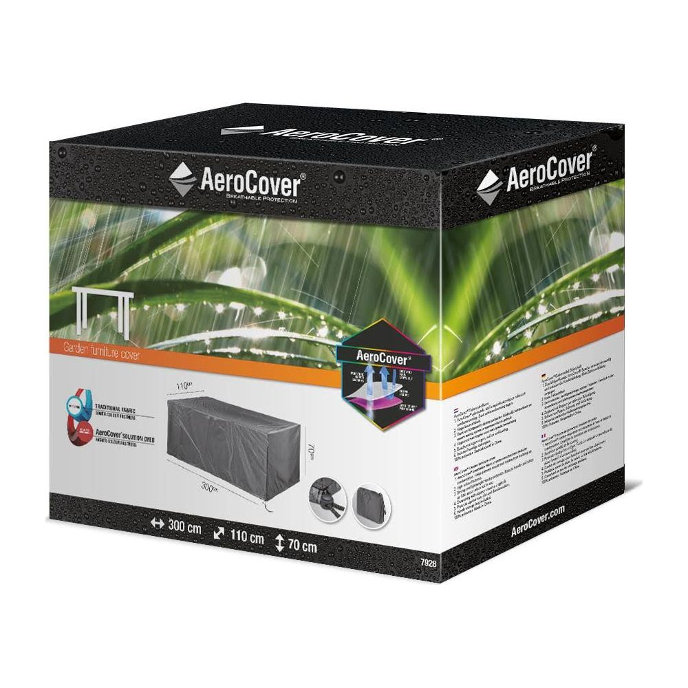 Grauer Outdoor-Möbelschutzbezug mit AeroCover-Logo, Maße 300x110x70cm.