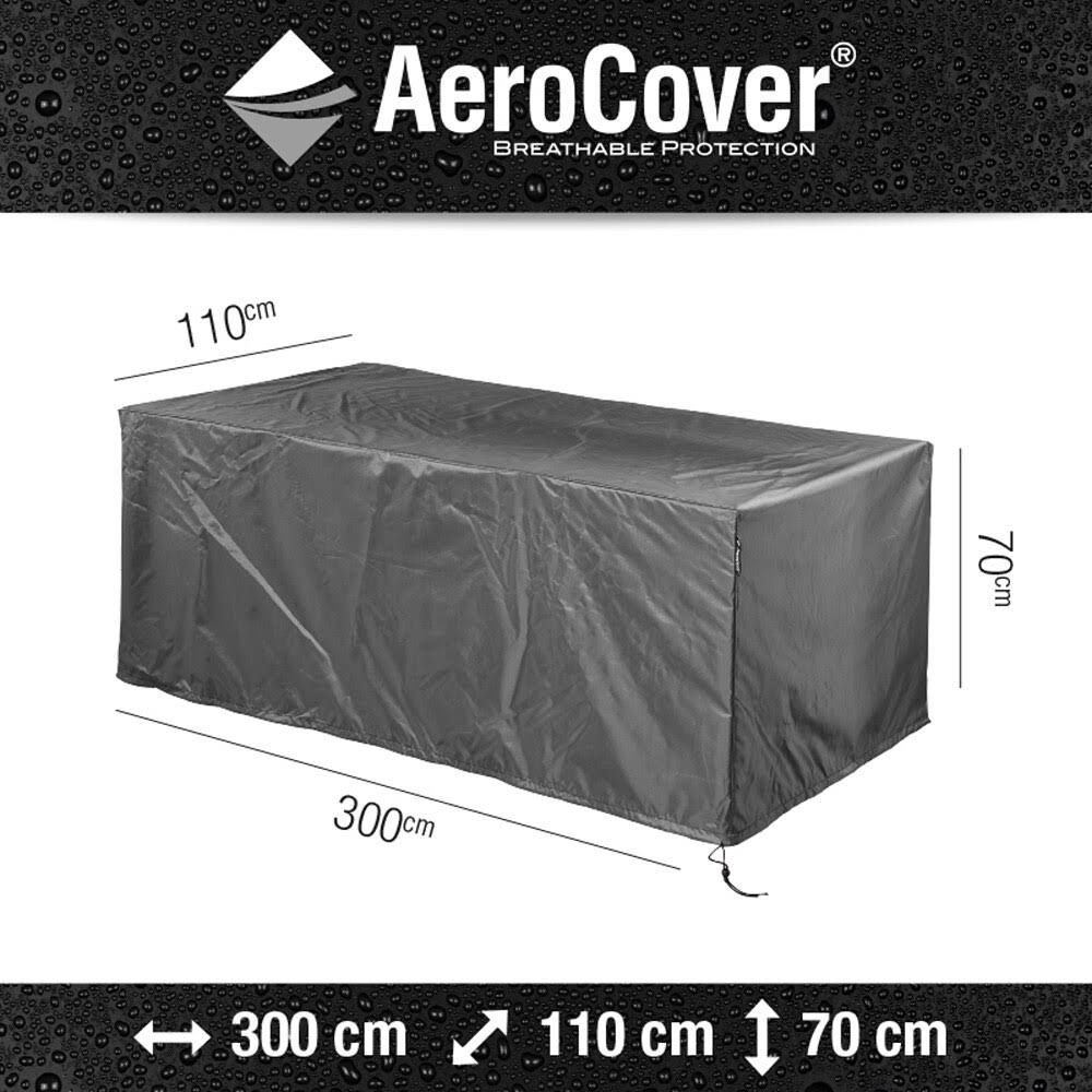 Grauer Tischbezug 300x110x70cm mit AeroCover Logo oben.