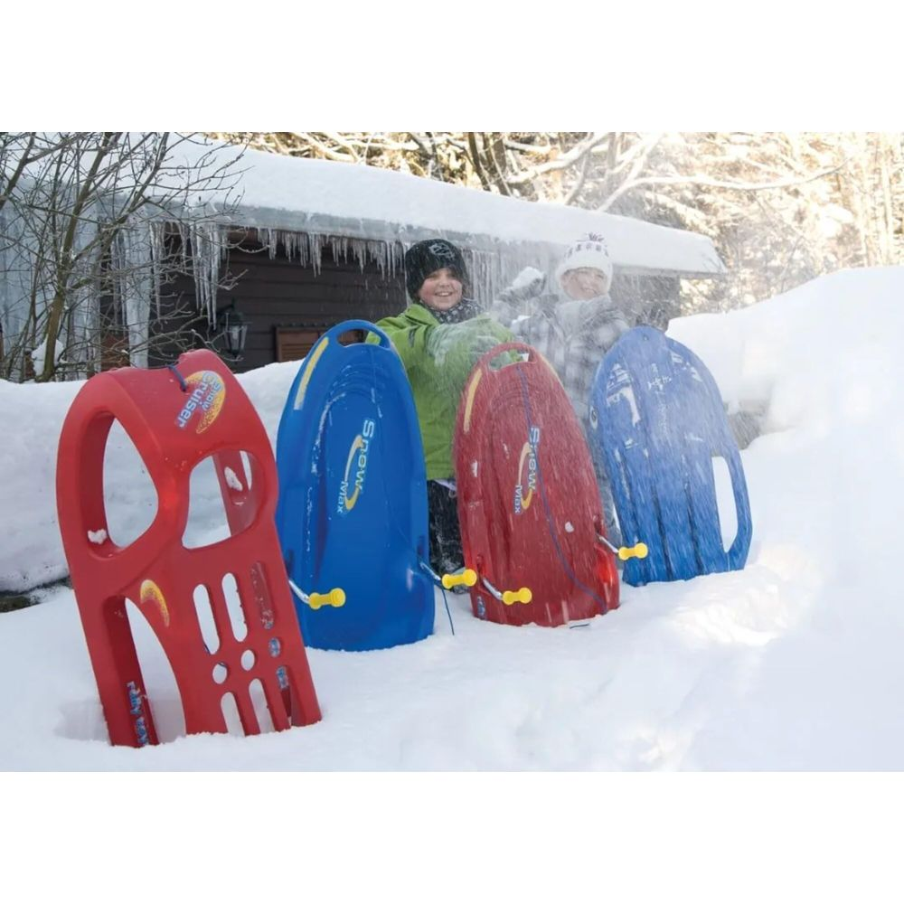 Bambini in piedi nella neve con slitte colorate davanti a una casa.