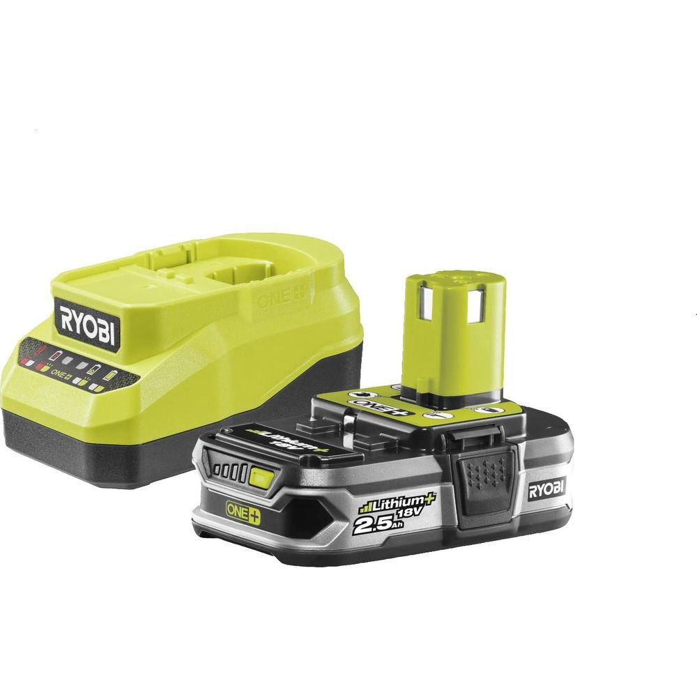 Una batteria e un caricabatterie Ryobi 18V Lithium+ 2.5Ah gialli su sfondo bianco.