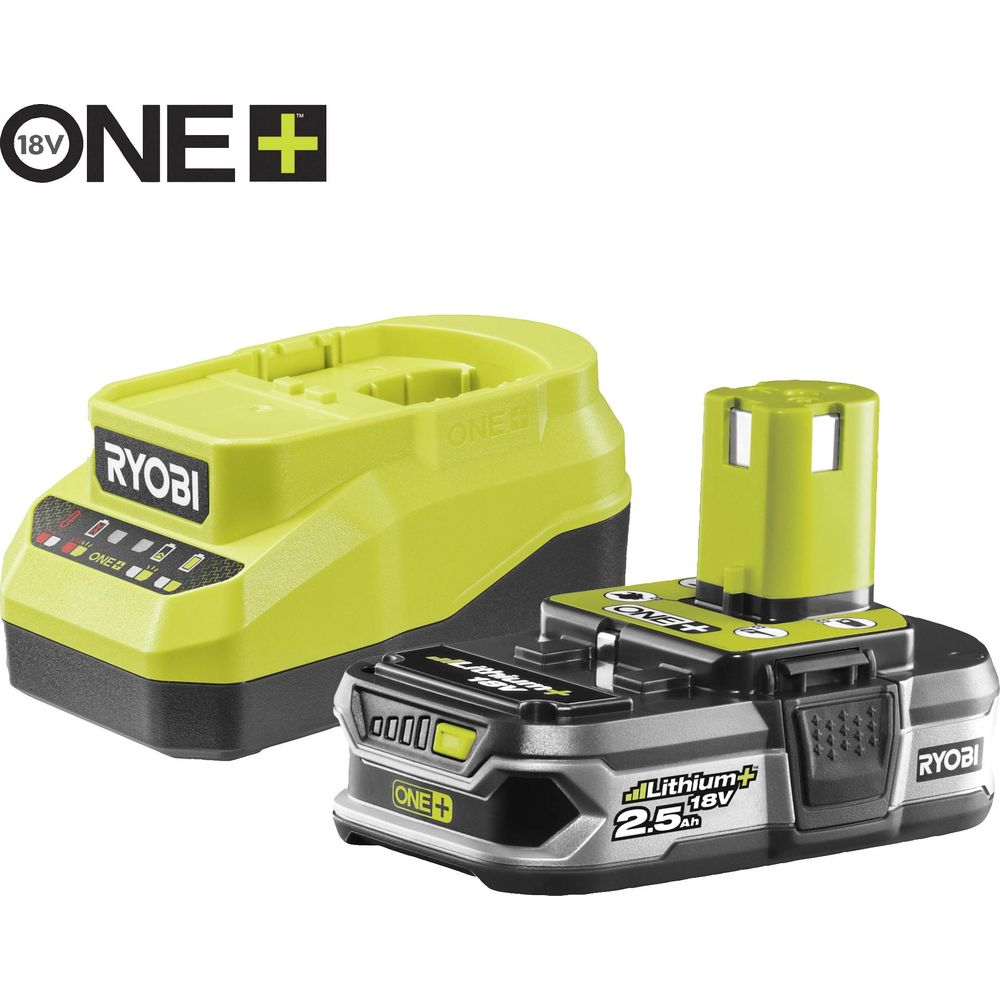 Un caricabatterie Ryobi giallo e una batteria 18V 2.5Ah nera e verde.