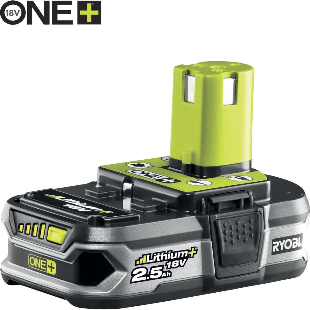Una batteria agli ioni di litio da 18V 2,5 Ah nera e verde.