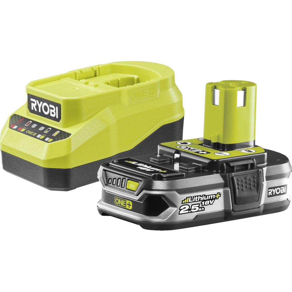 Un caricabatterie Ryobi giallo e una batteria nera da 2,5 Ah 18V.