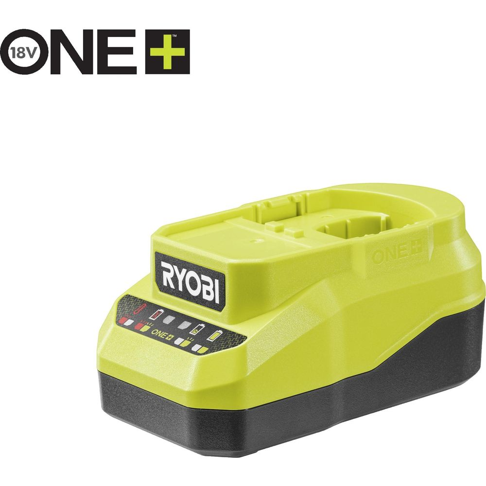 Un caricabatterie Ryobi 18V ONE+ giallo brillante con base nera.