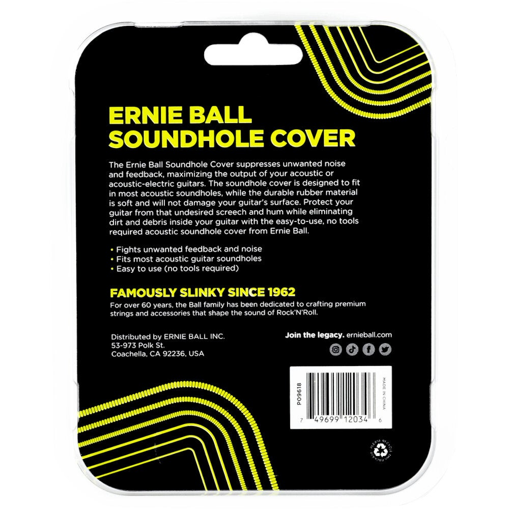 Verpackung für Ernie Ball Akustikgitarren-Schalllochabdeckung mit Logo und Text.