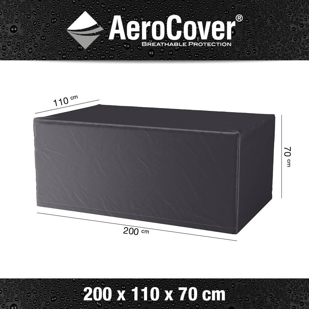 Dunkelgraue rechteckige Abdeckung, 200x110x70 cm, mit AeroCover-Logo.