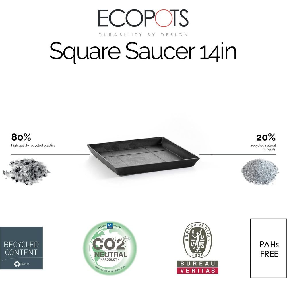 Schwarze 14-Zoll-Quadratuntertasse aus 80% recyceltem Kunststoff und 20% Mineralien.