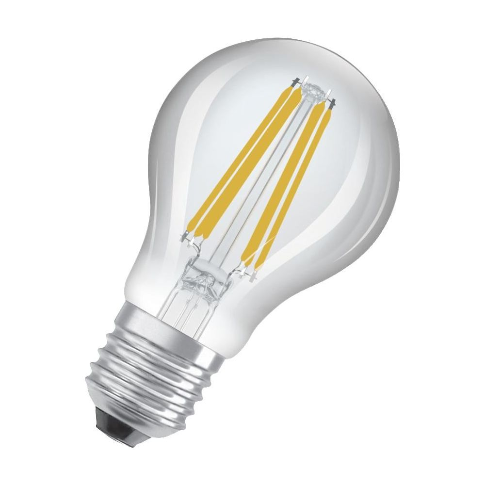 Una lampadina trasparente con base argentata e filamenti LED gialli.