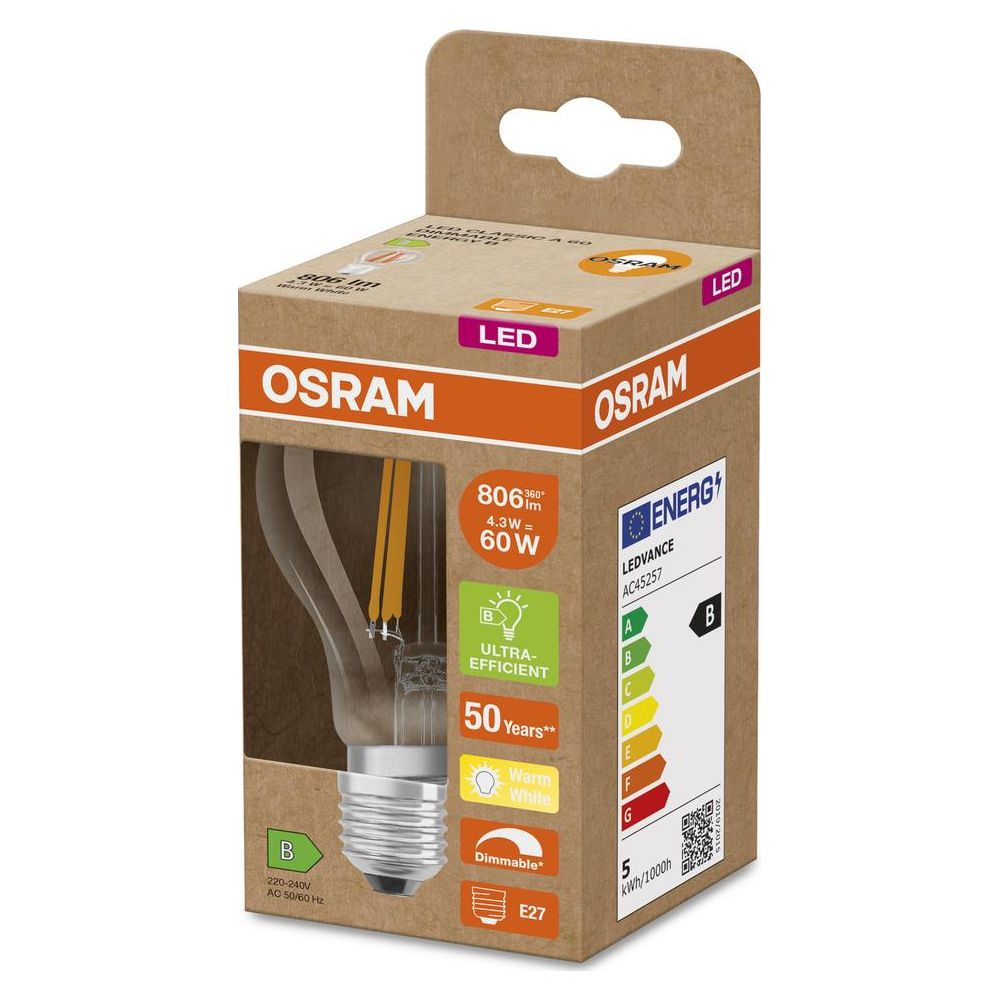 Lampadina LED Osram in confezione, classe B di efficienza energetica, bianco caldo.