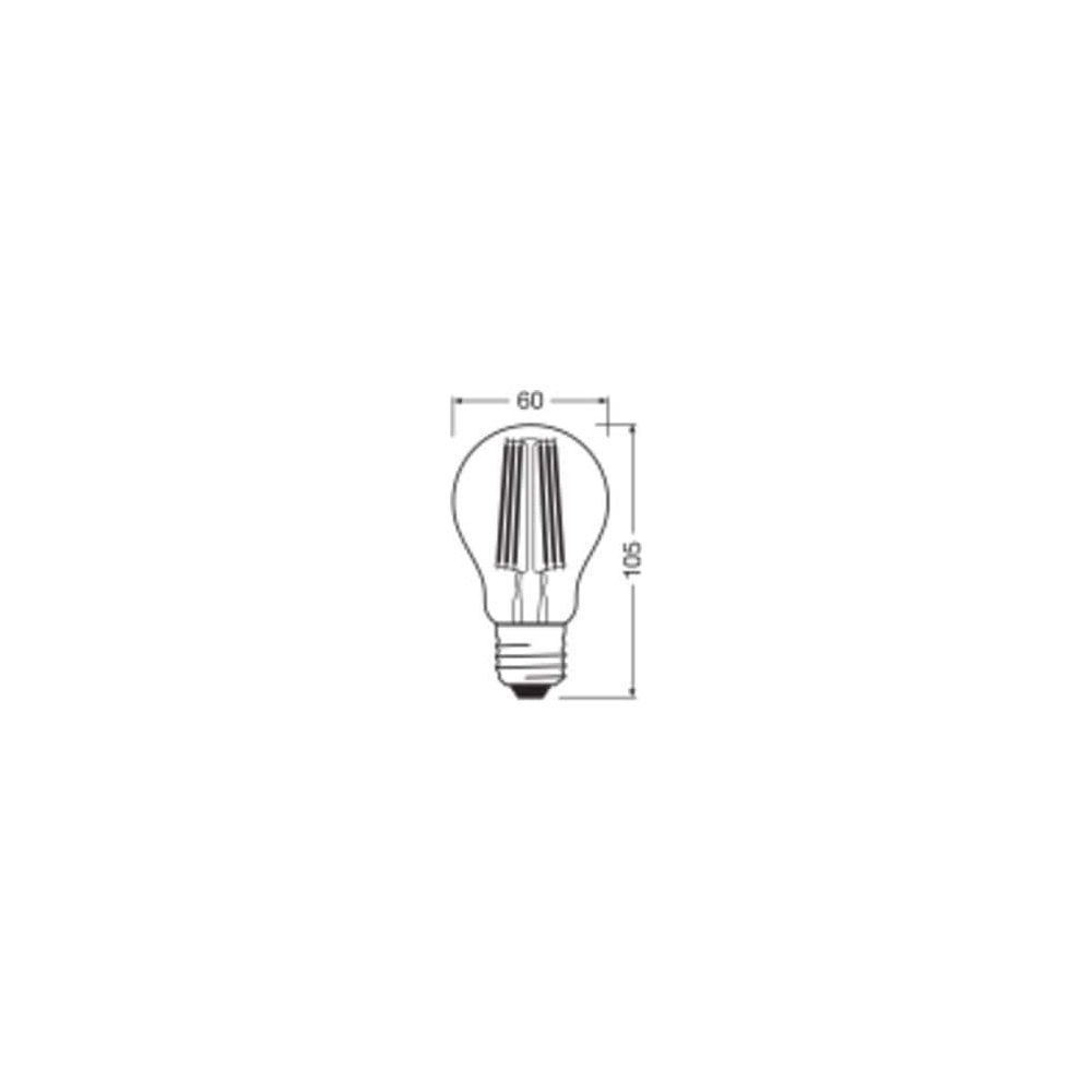 Disegno tecnico di una lampadina con dimensioni 60mm larghezza e 105mm altezza.