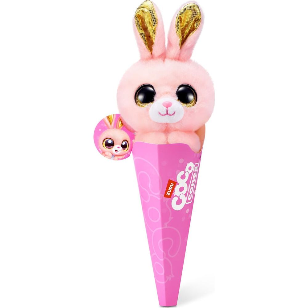 Peluche lapin rose aux grands yeux dans un cône rose avec des oreilles dorées.