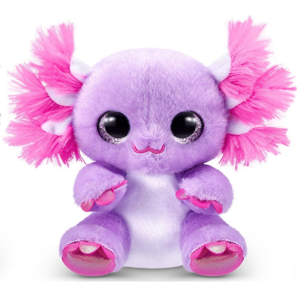 Une peluche axolotl violette assise, regardant devant avec de grands yeux noirs scintillants.