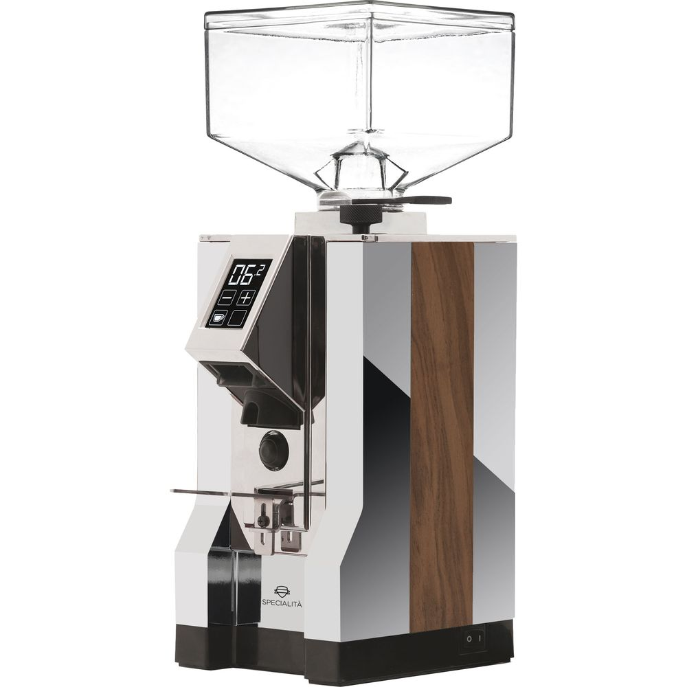 Un moulin à café avec écran numérique et accents de bois sur fond blanc.