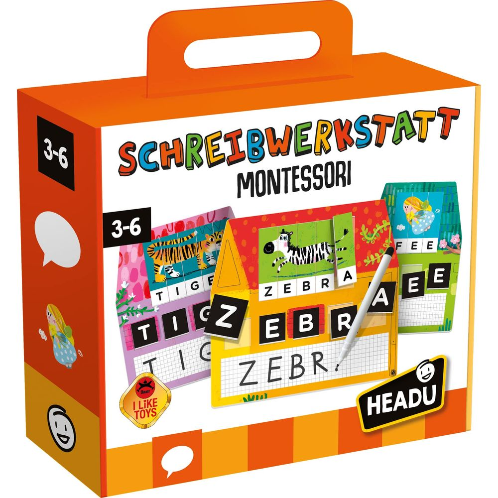 Ein buntes Spielzeug-Set mit Buchstabenkarten und Tieren wie Zebras und Tigern.