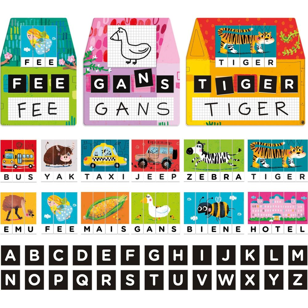 Bunte Lernspielkarten mit Tieren, Fahrzeugen und Buchstaben.