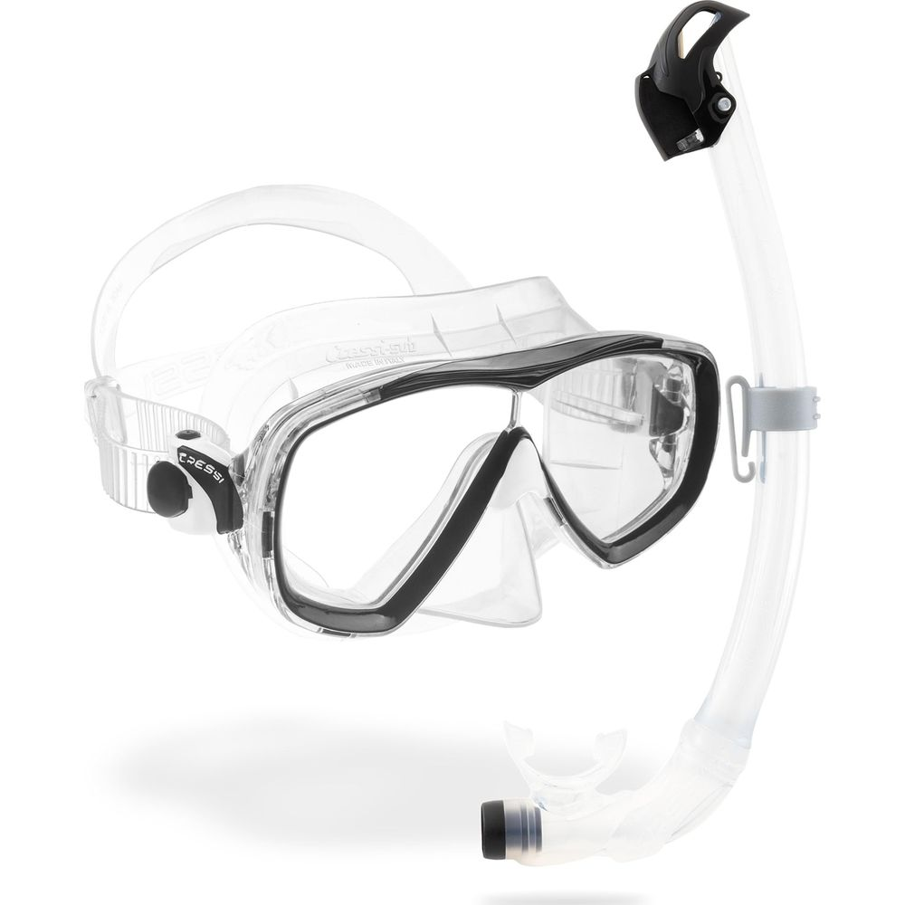 Eine klare Tauchmaske mit schwarzem Rand und einem transparenten Schnorchel.