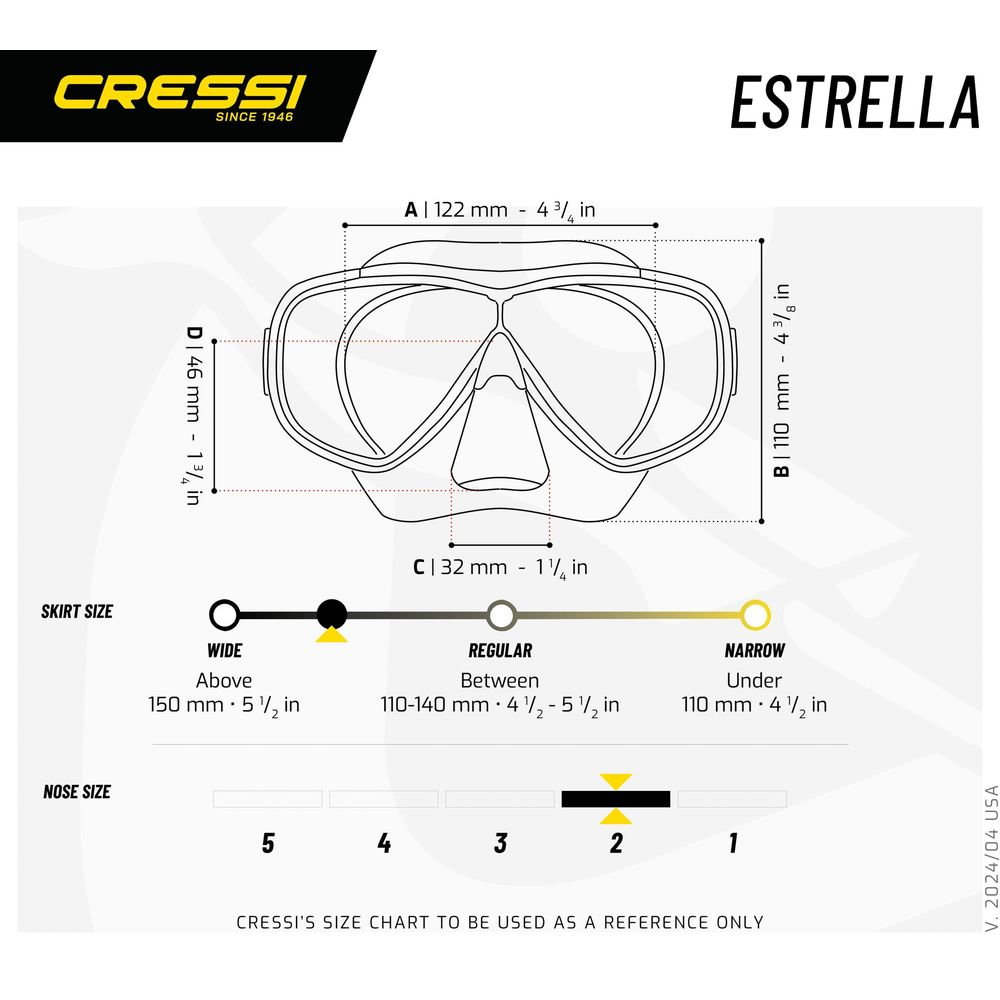Cressi Estrella Masken-Größentabelle mit Maßen und Größen für Rock und Nase.
