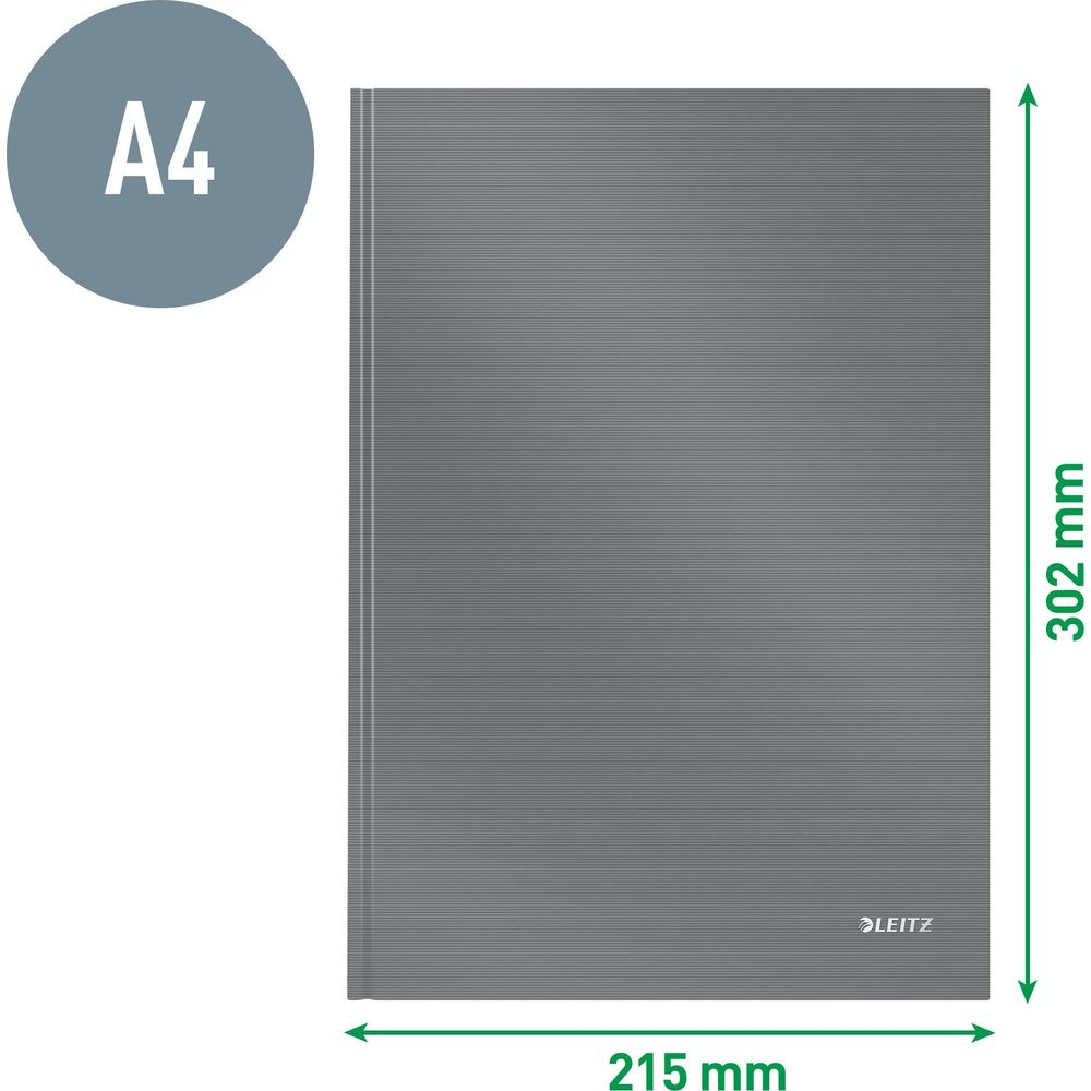 Grauer A4-Ordner mit horizontalen Linien und Maßen 215 x 302 mm.