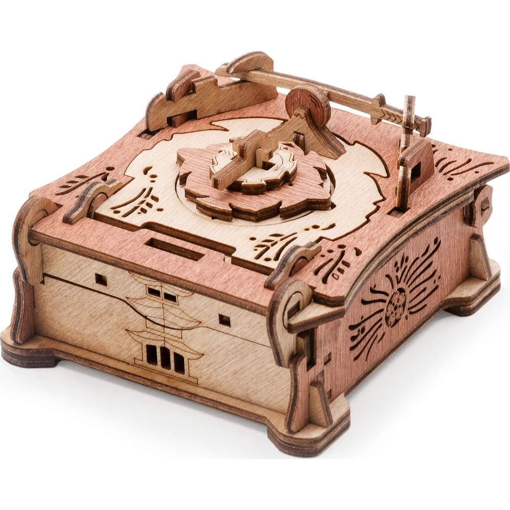 Un puzzle 3D in legno con ingranaggi e meccanismo a leva.
