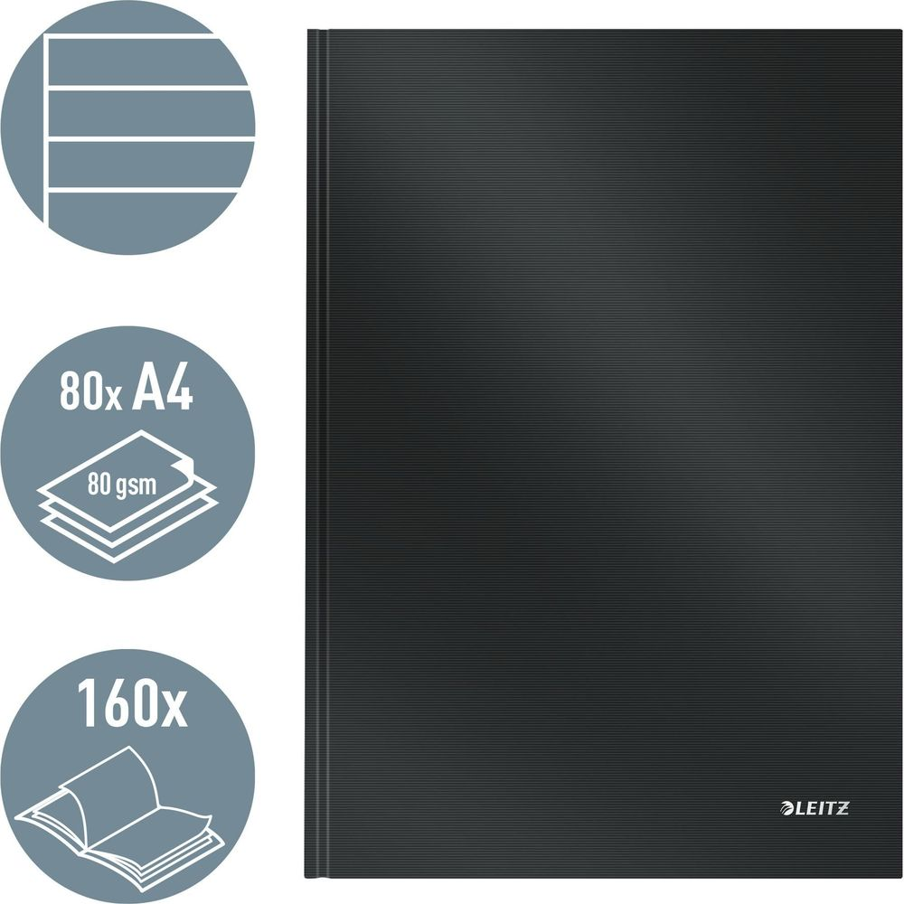 Schwarzer Leitz Ordner mit horizontalen Linien und Symbolen für 80x A4 80 gsm und 160x Seiten.