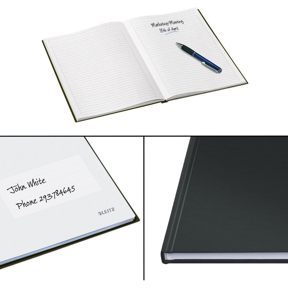 Ein offenes Notizbuch mit einer Notiz und einem Stift, eine beschriftete Seite und ein geschlossenes Buch.