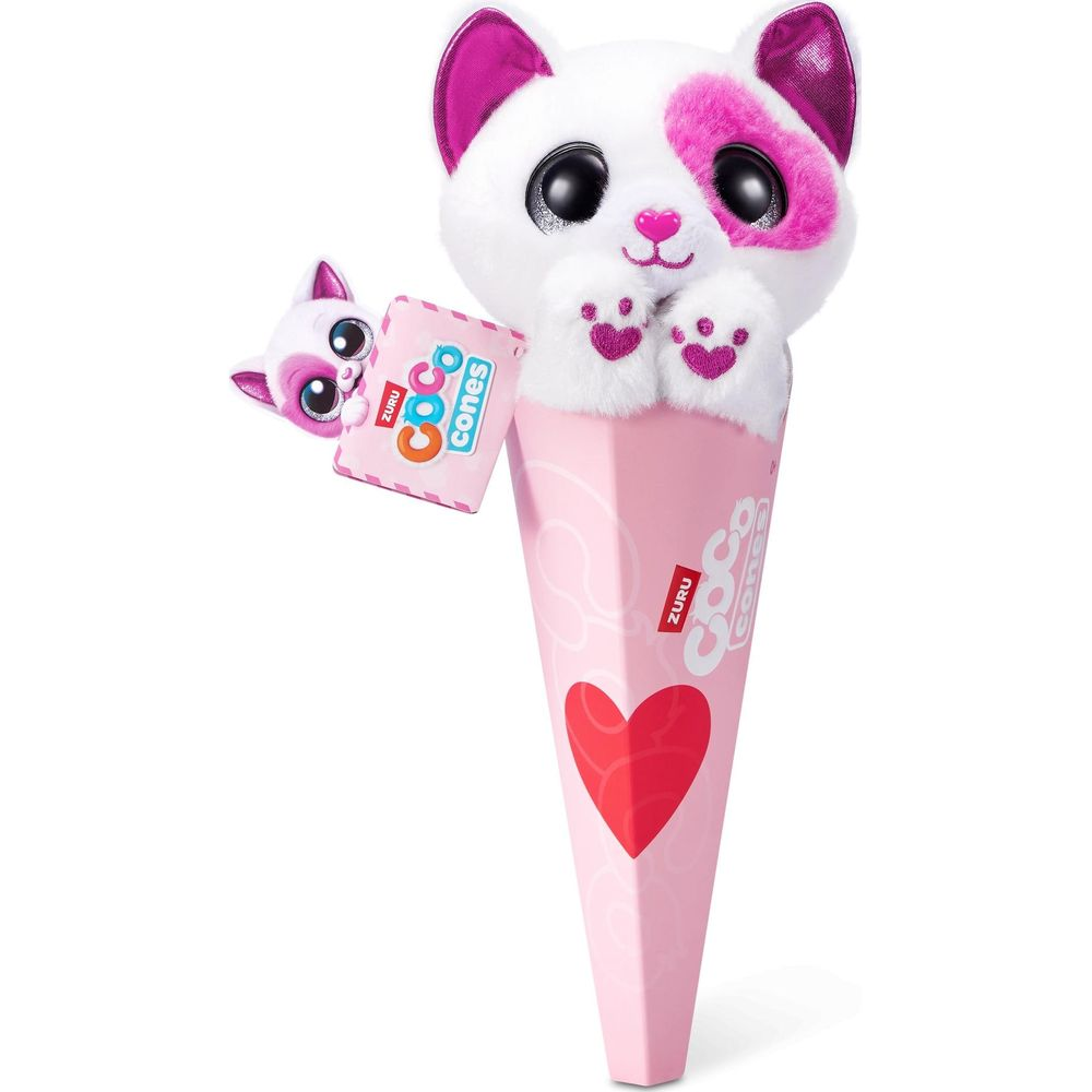 Un chaton blanc et moelleux aux accents roses sort d'un cône rose.