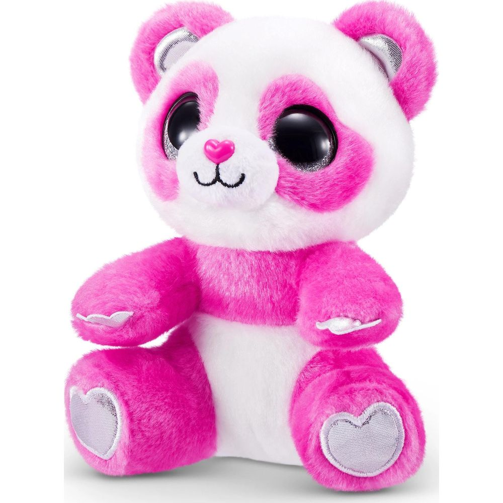 Un panda en peluche rose et blanc est assis, face  l'avant.