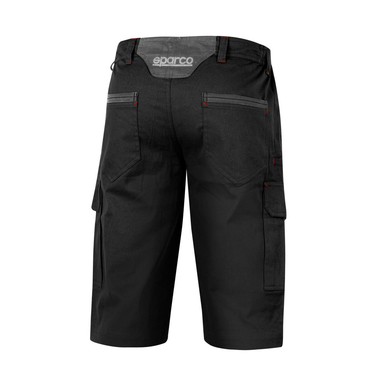 Schwarze Cargohosen mit grauem Sparco-Logo am Bund und aufgesetzten Taschen.