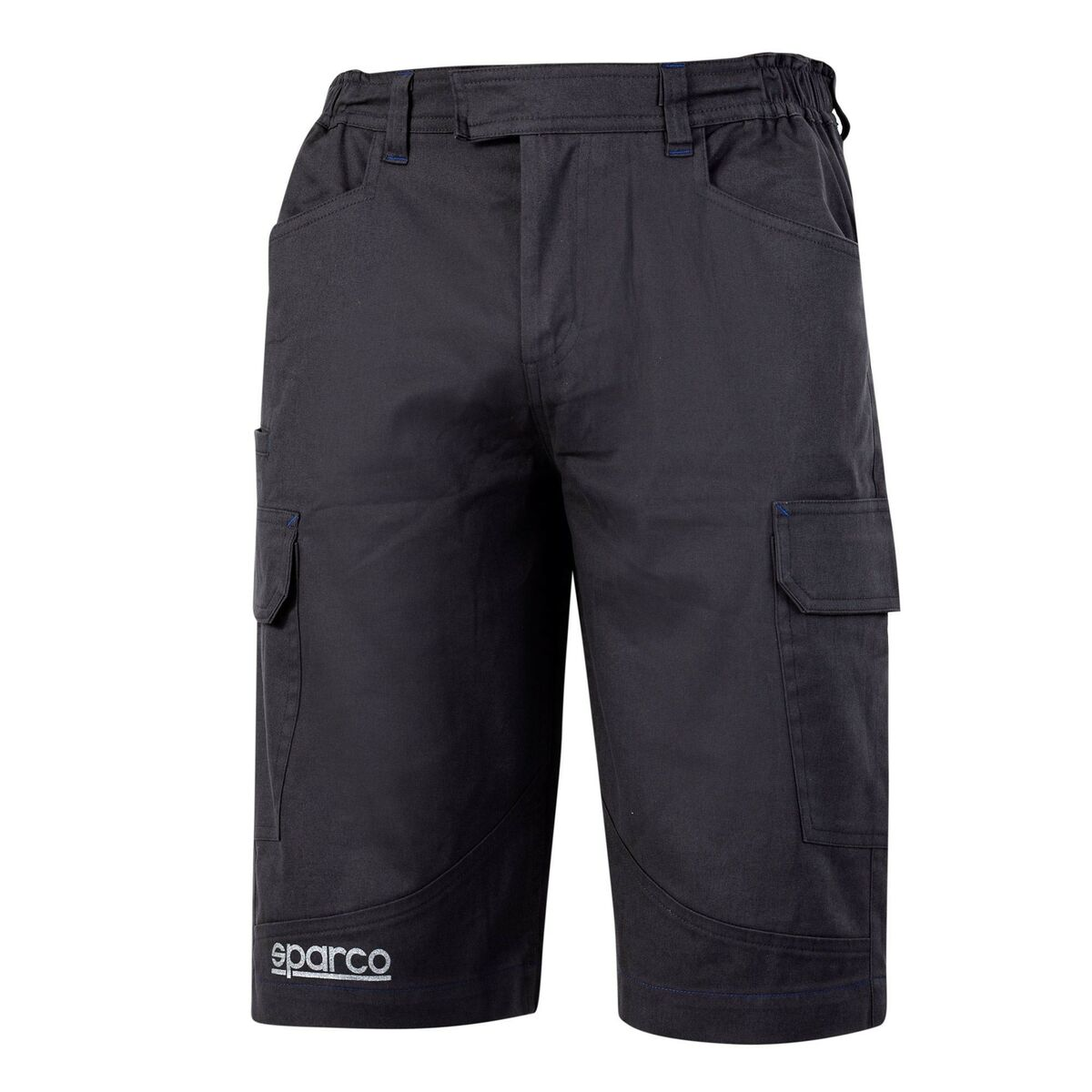 Dunkelblaue Cargohosen mit blauen Nähten und Sparco-Logo.