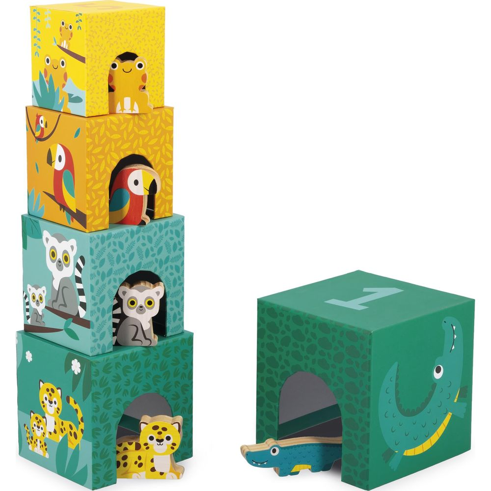 Blocs de jeu empilables avec animaux de la jungle : hibou, perroquet, lémurien, léopard, grenouille et crocodile.
