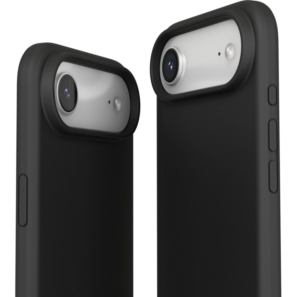 Zwei schwarze Handyhüllen mit Kameras auf weißem Hintergrund.