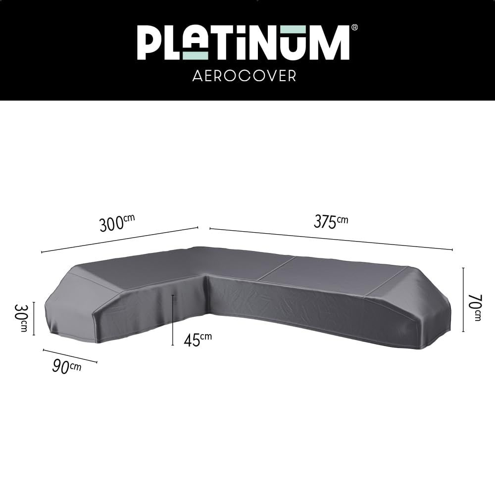 Graue L-förmige Abdeckung mit Maßangaben: 300cm, 375cm, 30cm, 45cm, 90cm, 70cm.