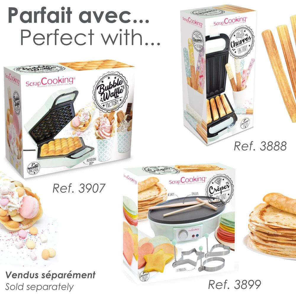 Geräte für Bubble Waffeln, Churros und Crêpes mit Zubehör und Rezepten.