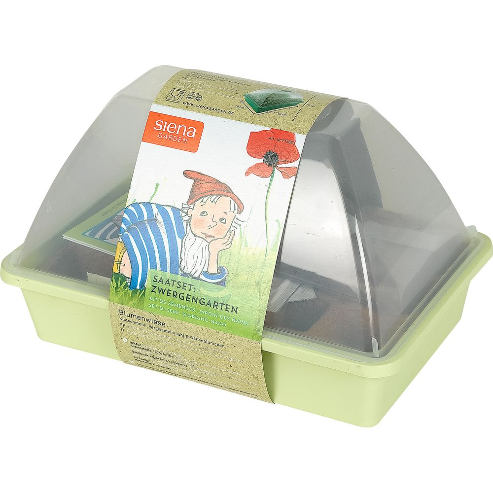 Ein grünes Anzuchtset mit klarer Haube, zeigt Gnome und Mohnblumen.