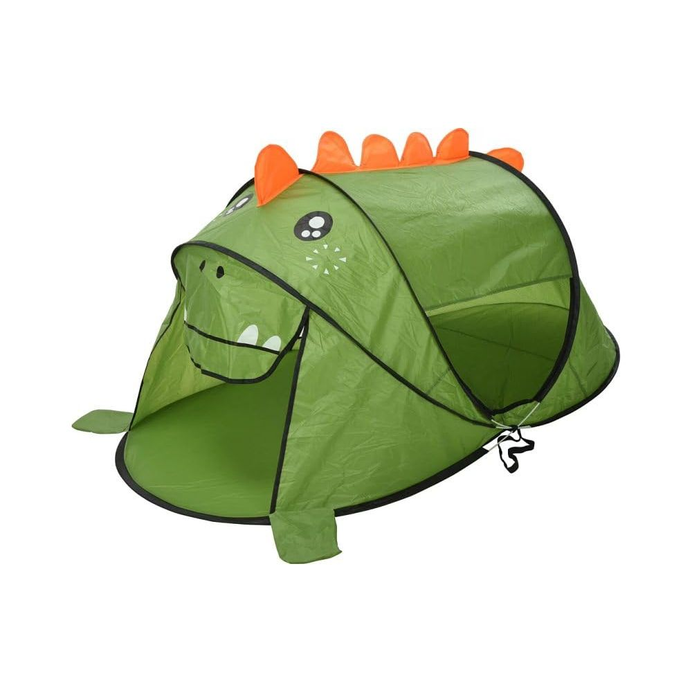 Una tenda verde a forma di dinosauro con spuntoni arancioni, aperta.