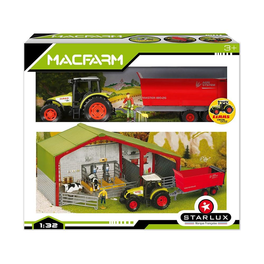 Ein Spielzeug-Bauernhof-Set mit Traktor, Anhänger und Stall.