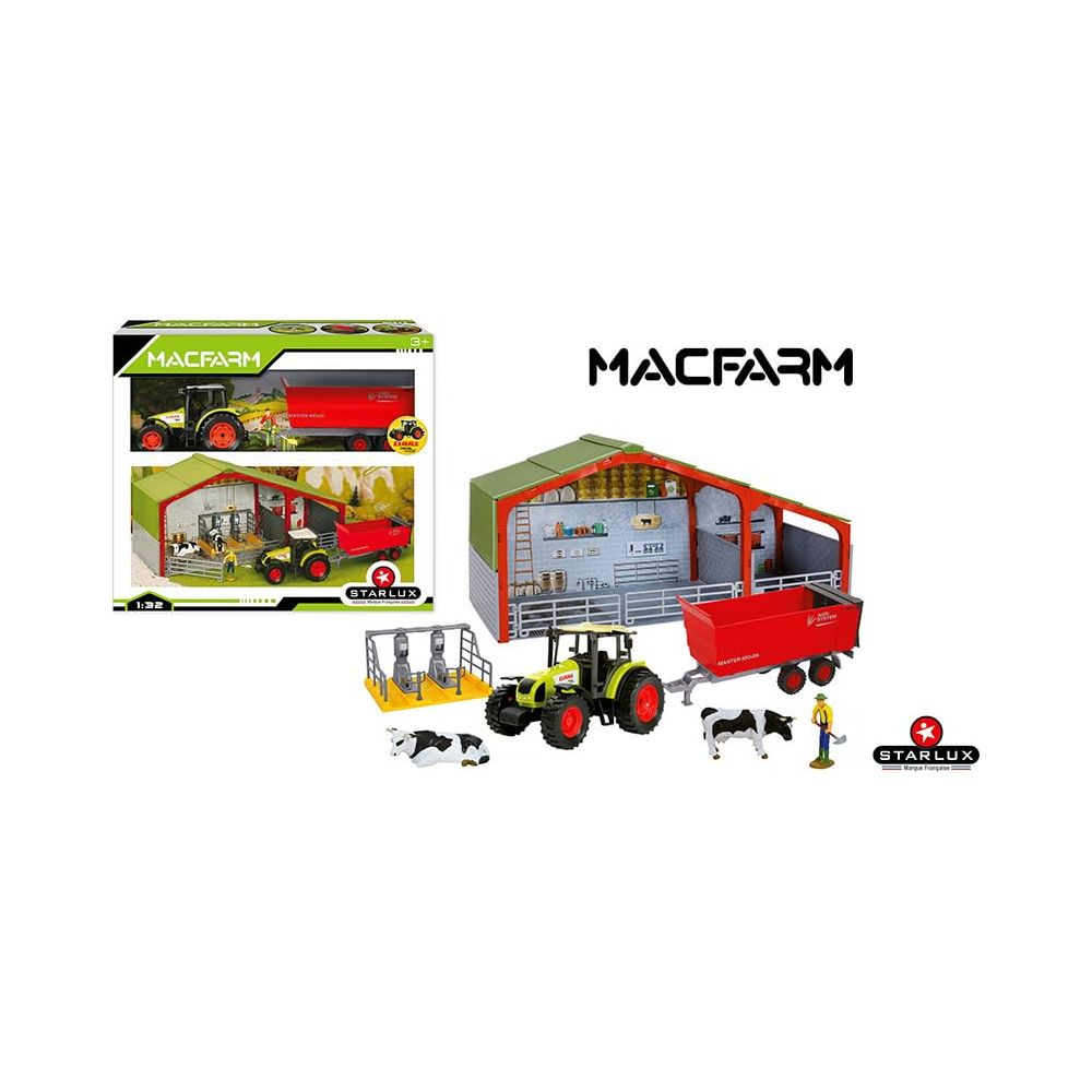 Ein Spielzeugbauernhof-Set mit Traktor, Anhänger, Stall und Kühen.