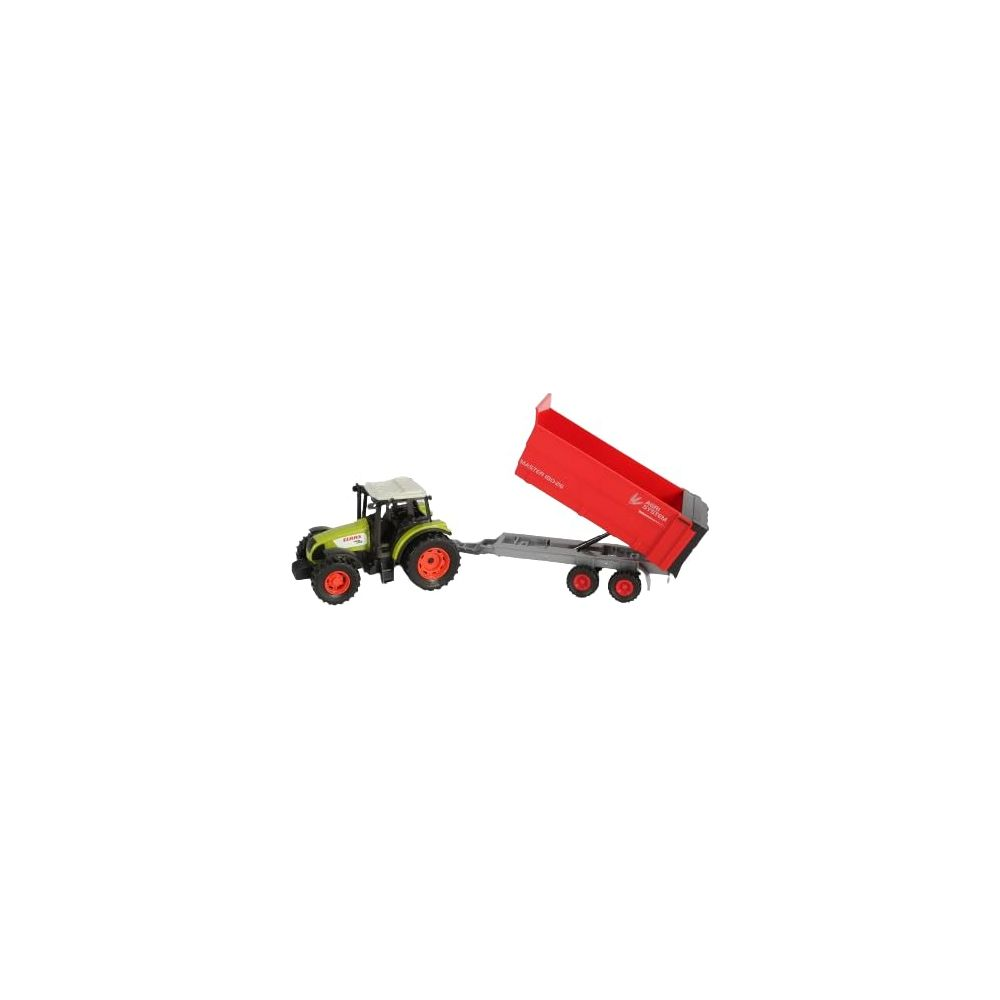 Ein grüner Spielzeugtraktor zieht einen roten Kippanhänger.