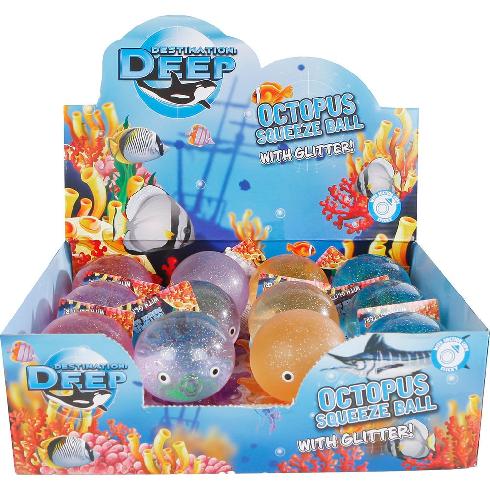 Auslage von glitzernden Oktopus-Quetschbällen mit Unterwassermotiv.