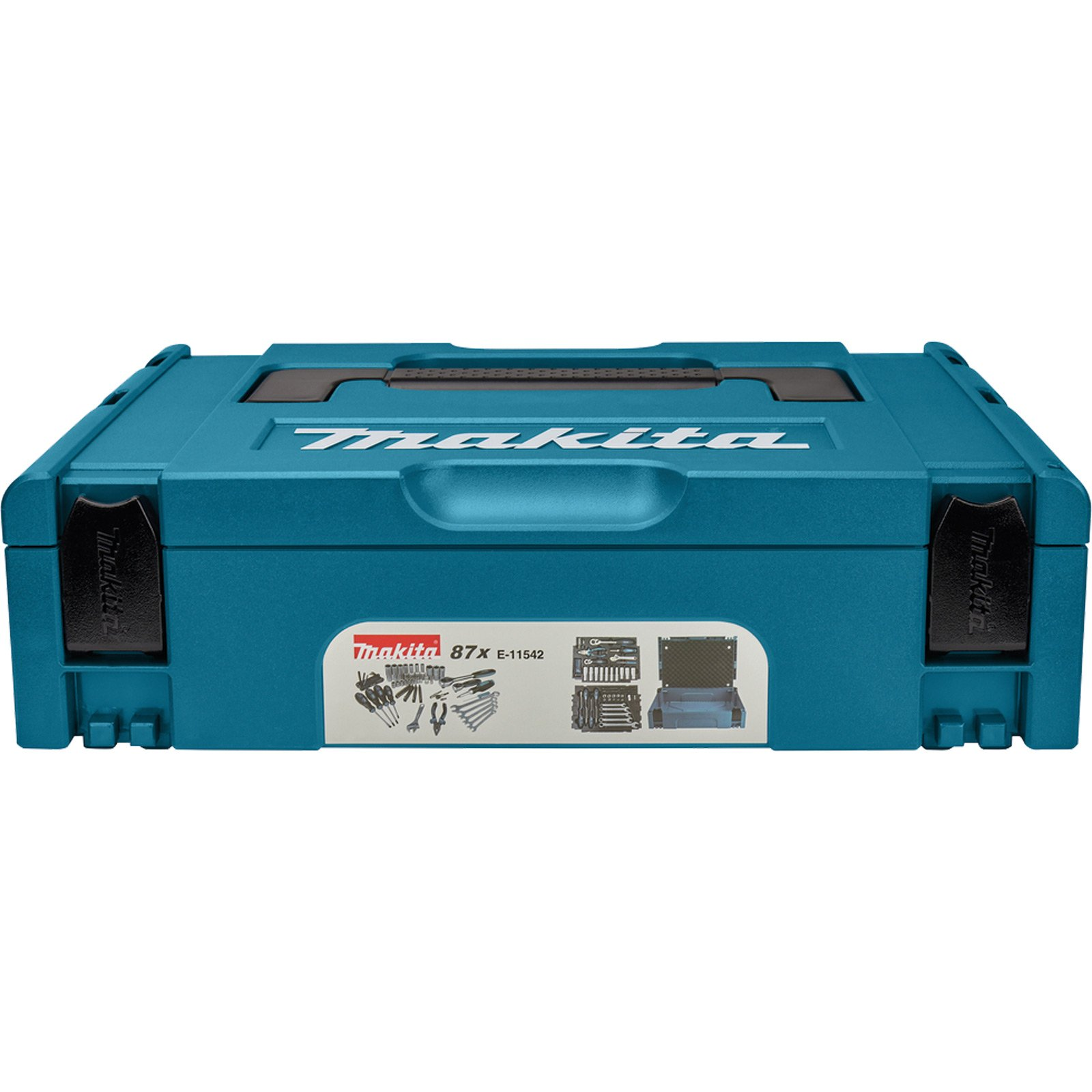 Türkiser Makita Werkzeugkasten mit Griff und Logo, zeigt Werkzeugabbildungen.