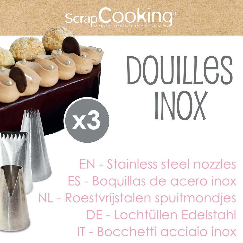 Drei Edelstahl-Spritzbeutel-Tüllen mit Kuchen-Deko und "x3"-Symbol.