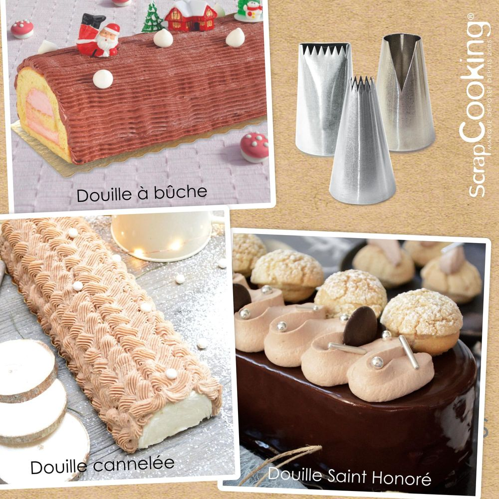 Vier Weihnachtsdesserts: Baumstammkuchen, Spritztüllen, Bûche und Saint-Honoré-Kuchen.