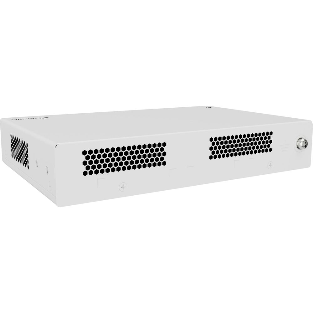 Un appareil rectangulaire blanc avec des évents hexagonaux et un bouton sur le panneau avant.