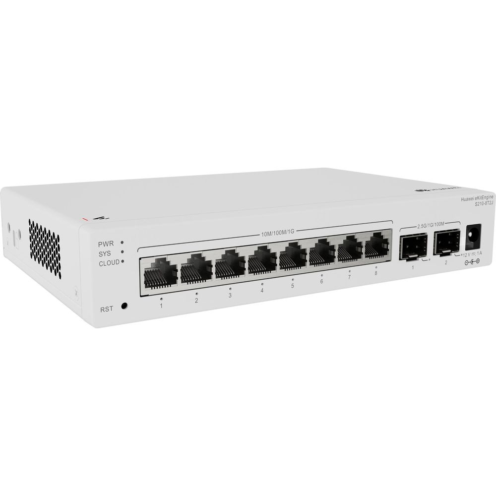 Un switch réseau Huawei blanc avec 10 ports Ethernet et un connecteur d'alimentation.