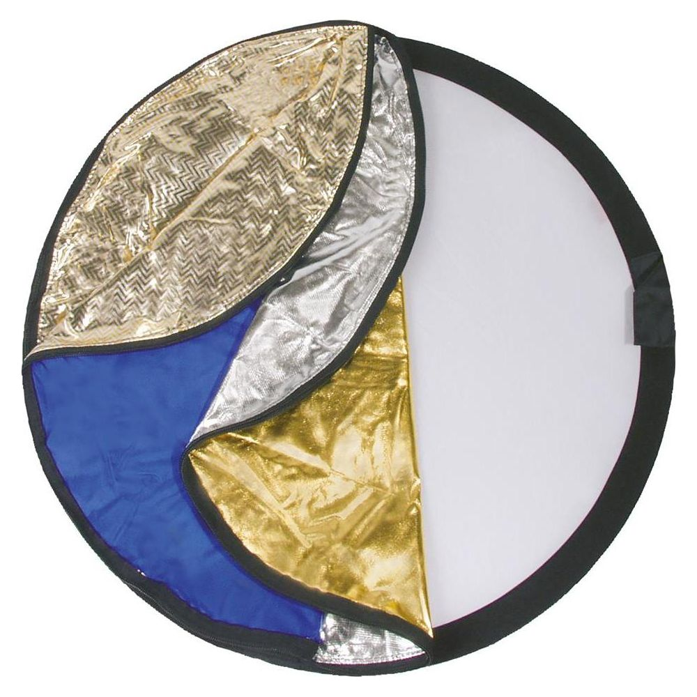 Un réflecteur rond pliable avec des surfaces dorées, argentées, bleues et blanches.