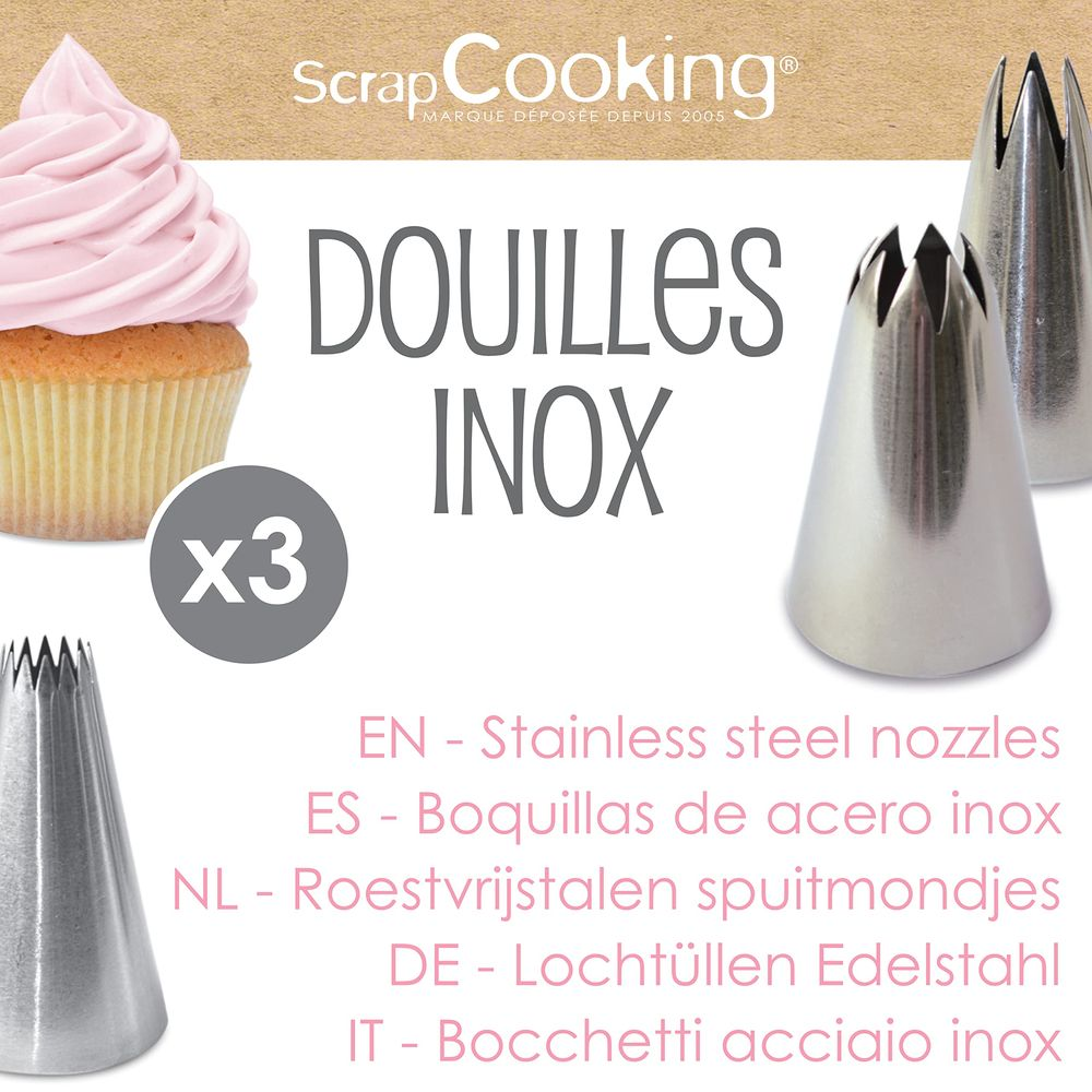 Ein Cupcake mit rosa Zuckerguss und drei Edelstahl-Spritzbeutel-Düsen.