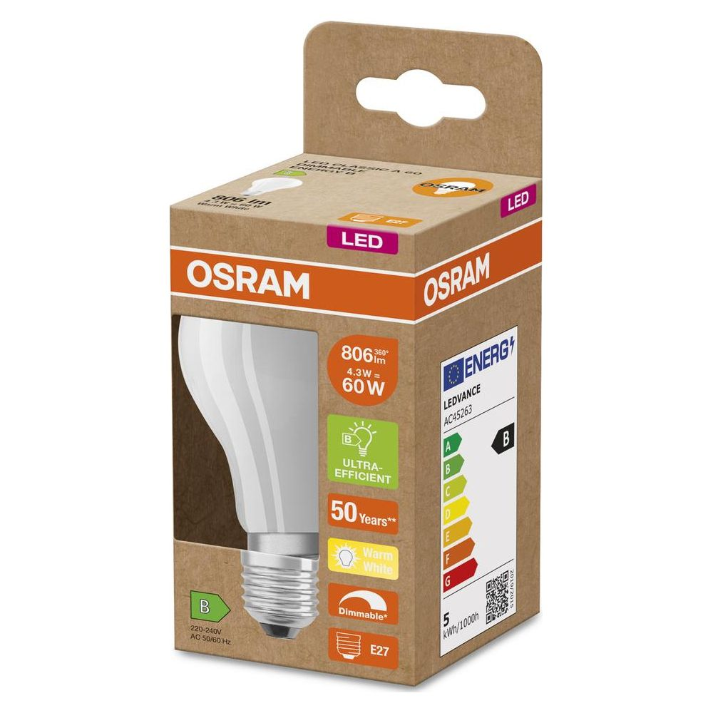 Lampadina LED OSRAM in confezione, bianca, con etichetta di efficienza energetica e specifiche.