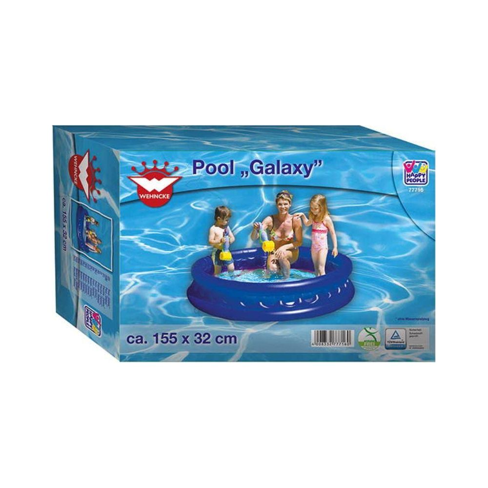 Boîte de piscine gonflable bleue, 'Pool Galaxy', avec une famille qui joue.