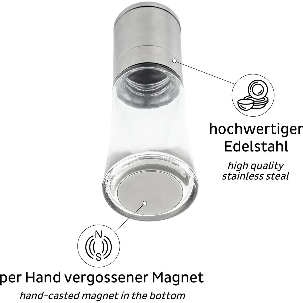 Edelstahl-Gewürzstreuer mit Glasbehälter und Magnet im Boden.