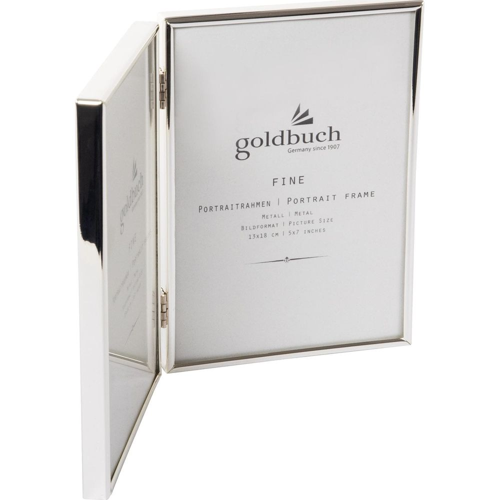 Un cadre photo double argenté, avec logo "goldbuch" et détails.